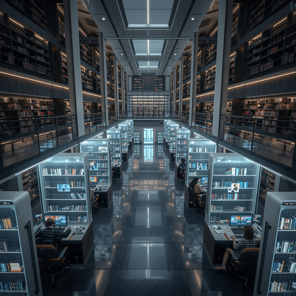 A highly advanced library interior, towering bookshelves, digital study pods, glowing holographic displays, students studying, photorealistic, 8k, Nano Banana2, no woman image